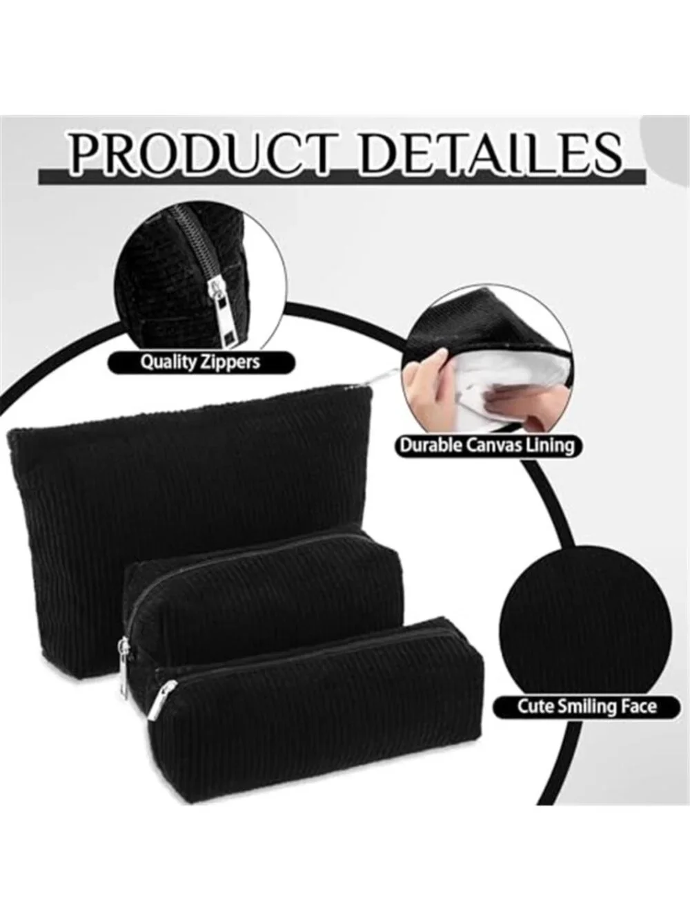 3 Pcs Corduroy Makeup Bag Set Cosmetic Pouch Travel Toiletry Organizer Purse Bag